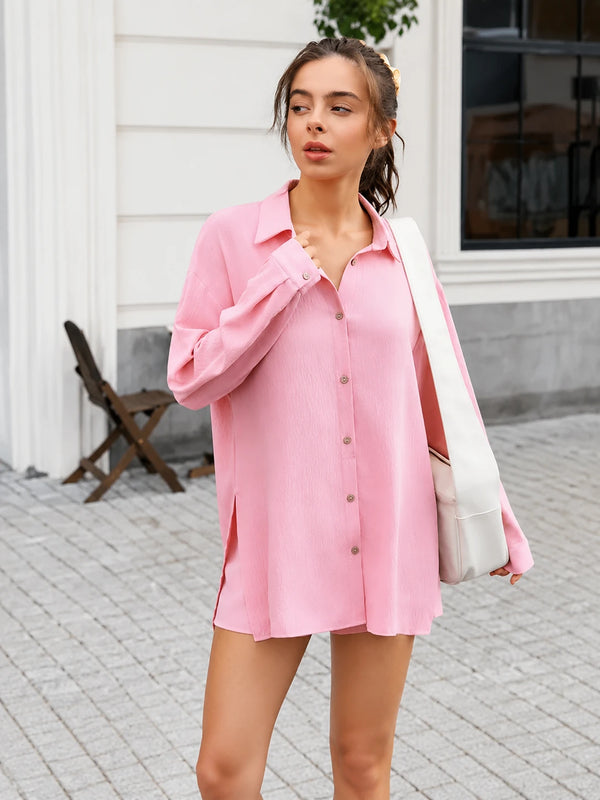 Women's 2-Piece Gauze Set Button Down Shirt & Shorts