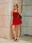 Women's Ruched Halter Neck Tie Back A Line Summer Dress