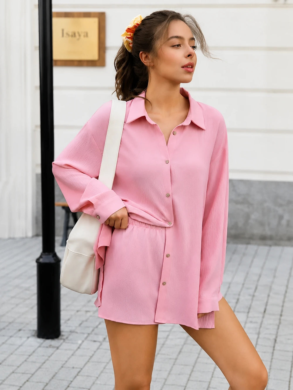 Women's 2-Piece Gauze Set Button Down Shirt & Shorts