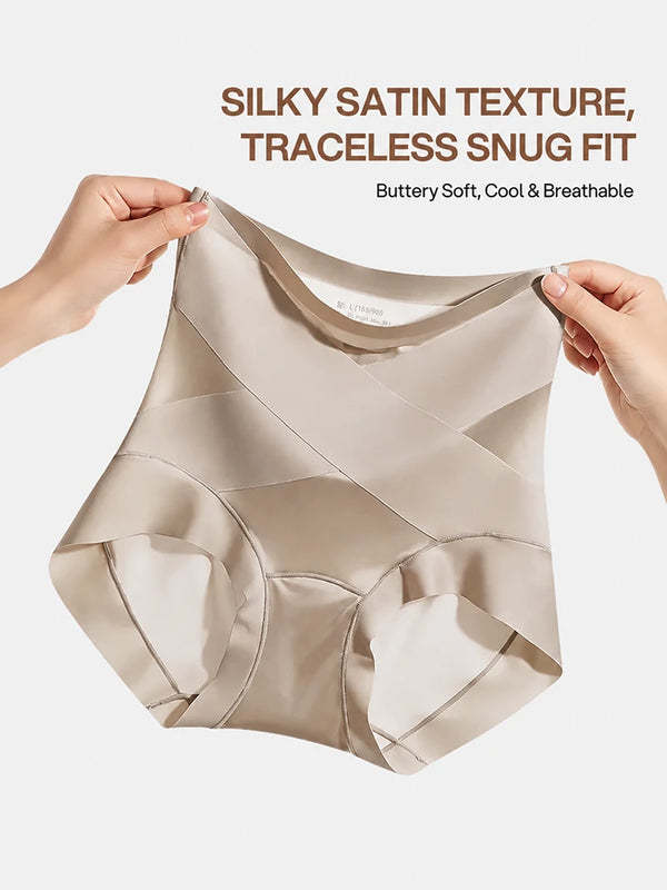 High Waist Silk Satin Cross Front Shapewear Panties(3-Pack)