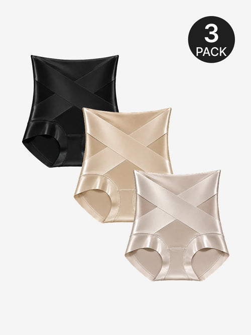 High Waist Silk Satin Cross Front Shapewear Panties(3-Pack)