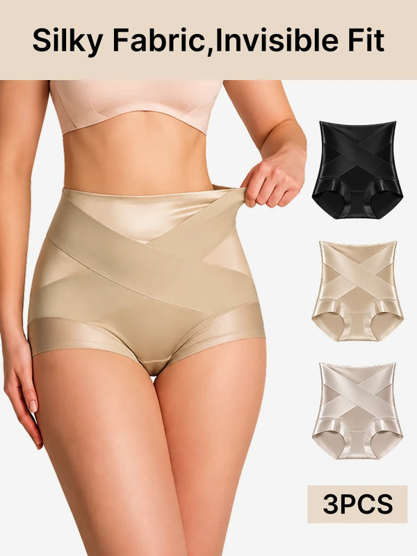 High Waist Silk Satin Cross Front Shapewear Panties(3-Pack)