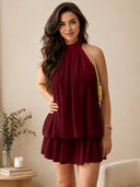 Women's Backless Halter Ruffle Romper Dress