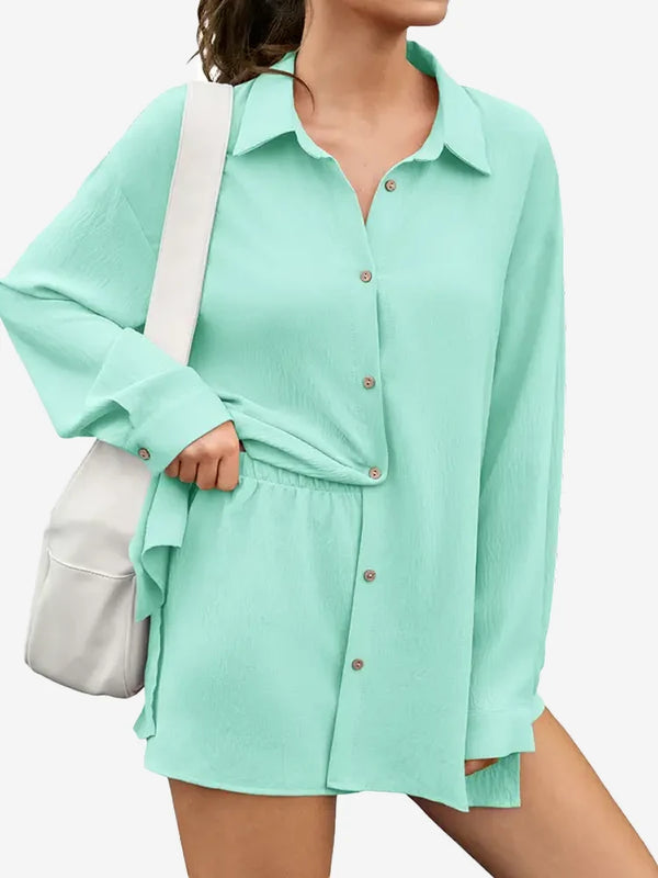 Women's 2-Piece Gauze Set Button Down Shirt & Shorts