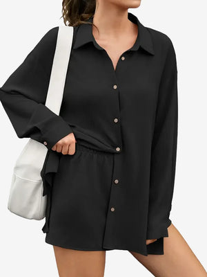 Women's 2-Piece Gauze Set Button Down Shirt & Shorts