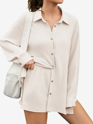 Women's 2-Piece Gauze Set Button Down Shirt & Shorts