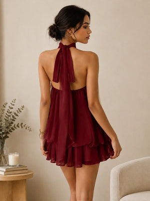 Women's Backless Halter Ruffle Romper Dress