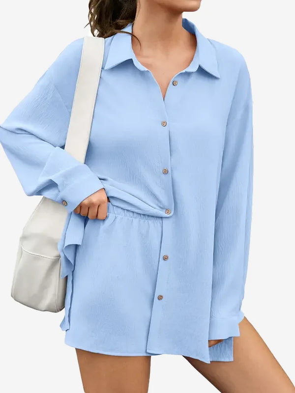 Women's 2-Piece Gauze Set Button Down Shirt & Shorts
