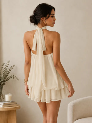 Women's Backless Halter Ruffle Romper Dress