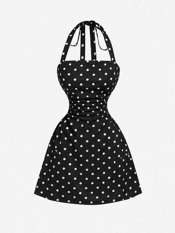 Women's Ruched Tie Back Polka Dot Dress