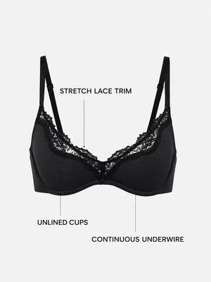Women's Unlined Lace Plunge Bra – Deep V Balconette Underwire Demi Bra