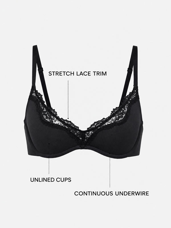 Women's Unlined Lace Plunge Bra – Deep V Balconette Underwire Demi Bra