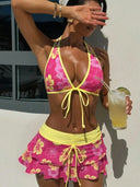 Hot Pink Tropical Halter 3-Piece Bikini Skirt Set