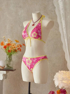 Hot Pink Tropical Halter 3-Piece Bikini Skirt Set