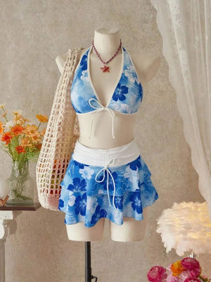 Hot Pink Tropical Halter 3-Piece Bikini Skirt Set